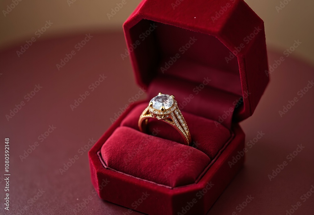 Close-Up Of Diamond Ring In Red Velvet Ring Box Close-Up Of Diamond Ring In Red Velvet Ring Box