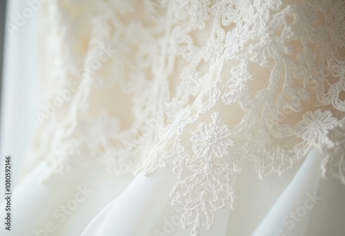 Close-Up Of White Lace Wedding Veil With Floral Embroidery photo