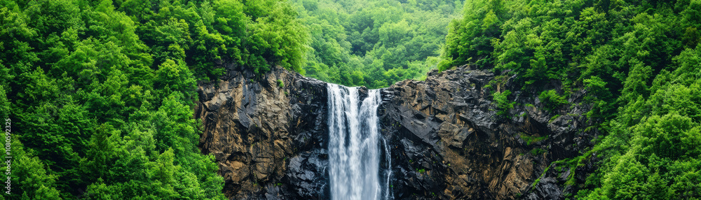 A stunning waterfall cascades down rocky cliffs, surrounded by lush green trees, creating a serene and picturesque natural landscape. A stunning waterfall cascades down rocky cliffs, surrounded by lush green trees, creating a serene and picturesque natural landscape.