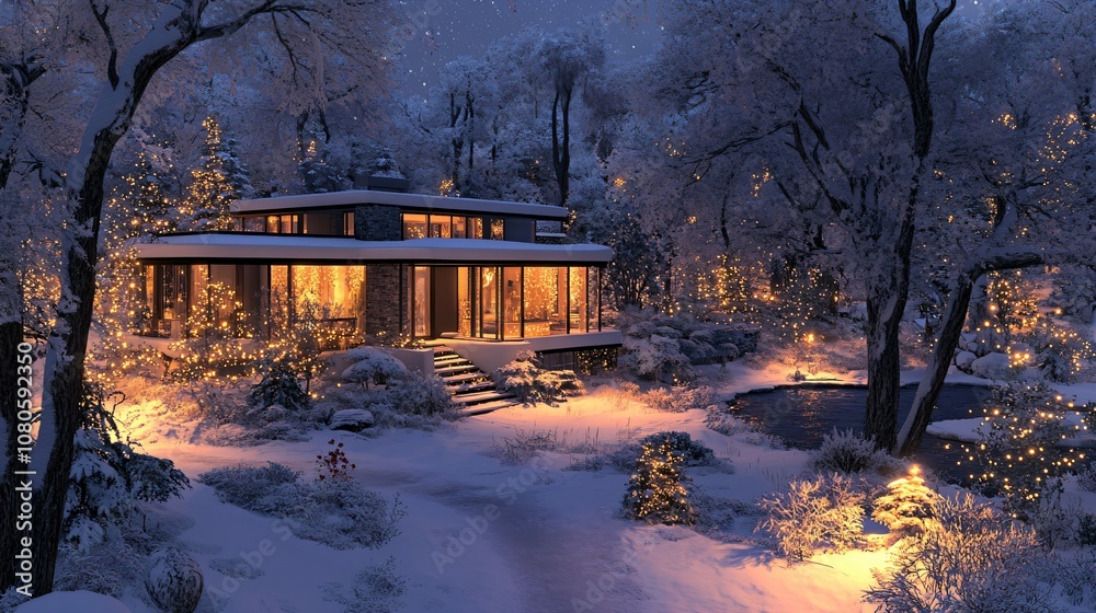 Obraz premium A snowy path lined with warm, glowing lights leading towards cozy wooden cabins, evoking a serene and festive winter atmosphere in a natural setting.