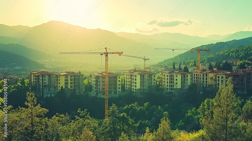 Obraz premium Scenic View of Construction Cranes Overlooking Urban Development in Mountainous Landscape During Sunrise with Golden Light