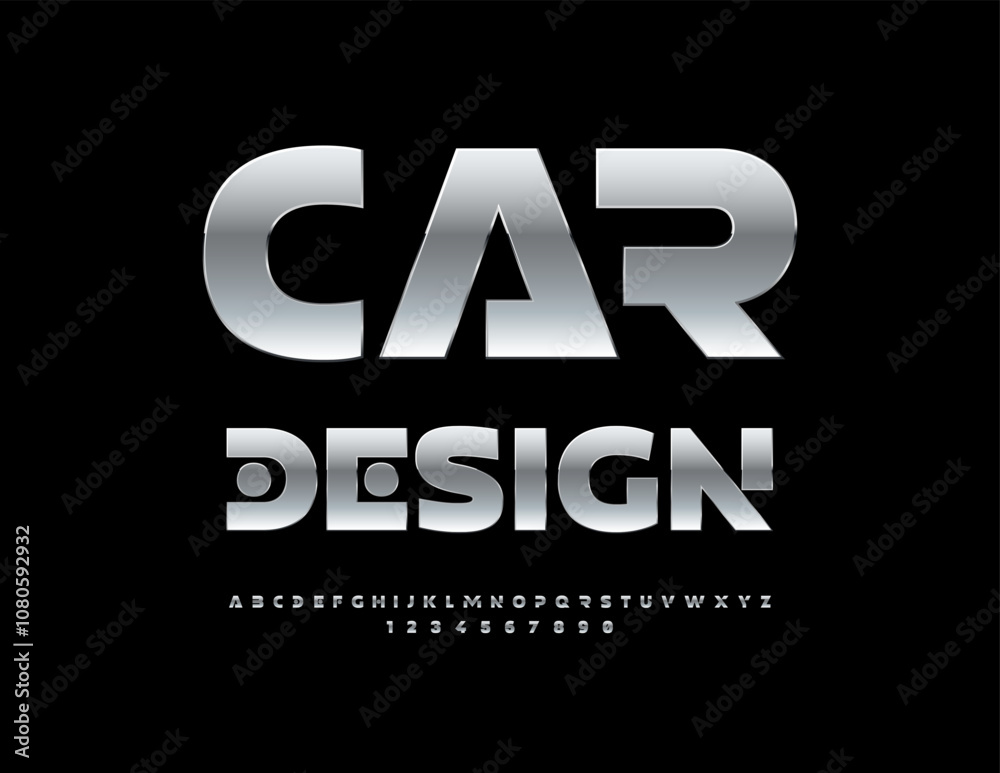 Vector quality icon Car Design. Unique Silver Font. Digital Metallic Alphabet Letters and Numbers set. Vector quality icon Car Design. Unique Silver Font. Digital Metallic Alphabet Letters and Numbers set.
