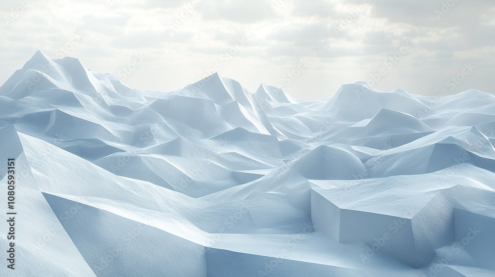 Snowy landscape with abstract geometric shapes under cloudy sky, evoking serene and tranquil atmosphere.