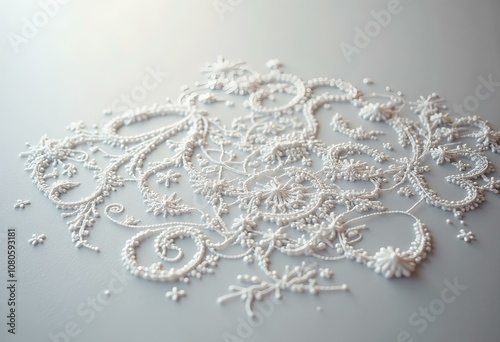 White Lace Dissolve Effect With Intricate Pattern On Grey Surface And Right Side Text Space