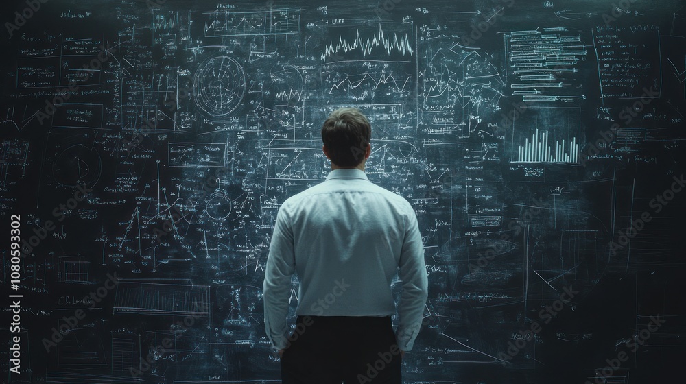 Man Analyzing Complex Data on Chalkboard Man Analyzing Complex Data on Chalkboard