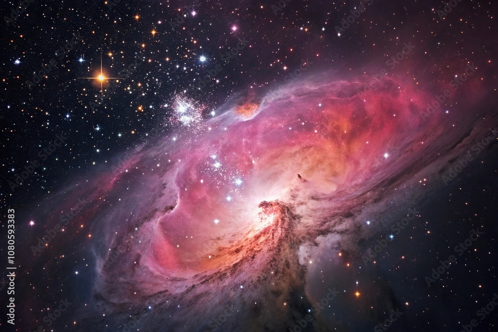 Fototapeta premium A majestic nebula takes center stage against a backdrop of stars and galaxies in shades of pink and orange, celestial explosion, stardust