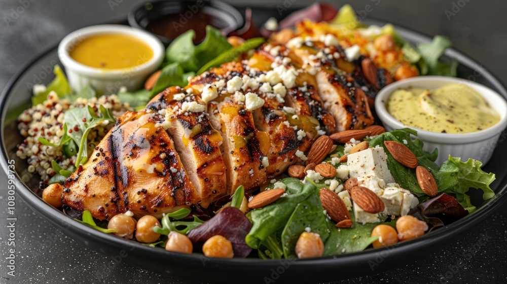 Grilled chicken salad with quinoa, chickpeas, almonds, and feta cheese with three different dressings.