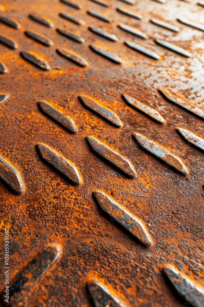 Close-up view of a rusty metal surface with diamond patterns, showcasing the corrosion and texture of aged industrial materials. Close-up view of a rusty metal surface with diamond patterns, showcasing the corrosion and texture of aged industrial materials.