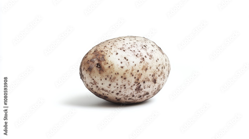 A Realistic Close-Up of a Single Raw Potato with Brown and Beige Speckles on a White Surface, Ideal for Cooking, Organic Food, or Farm Fresh Themes A Realistic Close-Up of a Single Raw Potato with Brown and Beige Speckles on a White Surface, Ideal for Cooking, Organic Food, or Farm Fresh Themes