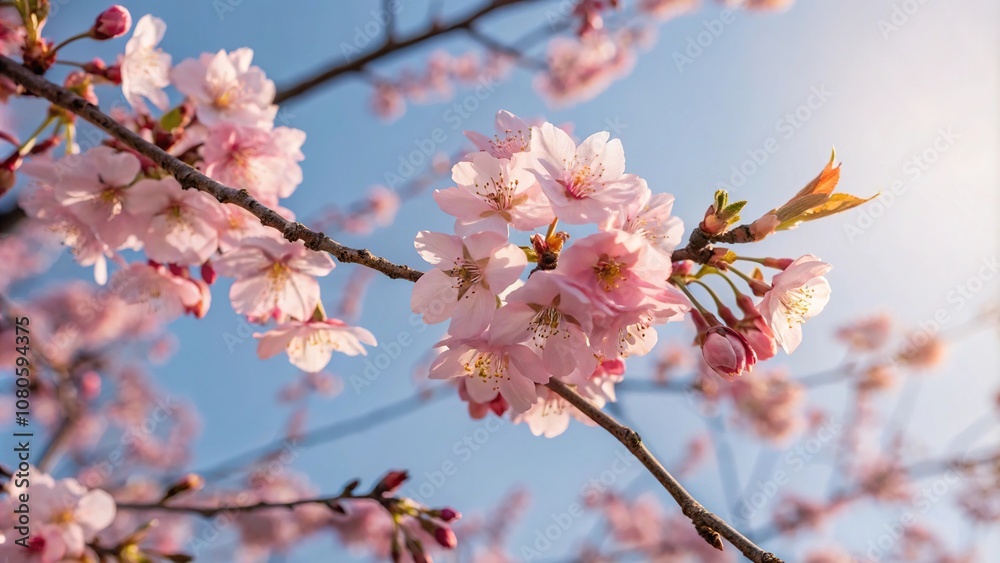 Softly glowing pink cherry blossom branches stretch across the blue sky as morning sunlight illuminates the delicate floral patterns, soft focus, serene scene Softly glowing pink cherry blossom branches stretch across the blue sky as morning sunlight illuminates the delicate floral patterns, soft focus, serene scene