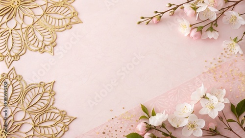 Soft pastel pink background with delicate gold filigree, textured, decorative, fashion accessories, luxury