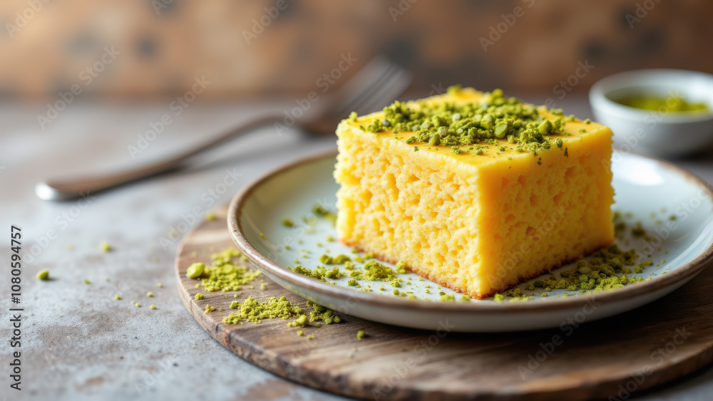 Freshly baked Kunafa with pistachio topping on a rustic wooden serving board. Freshly baked Kunafa with pistachio topping on a rustic wooden serving board.