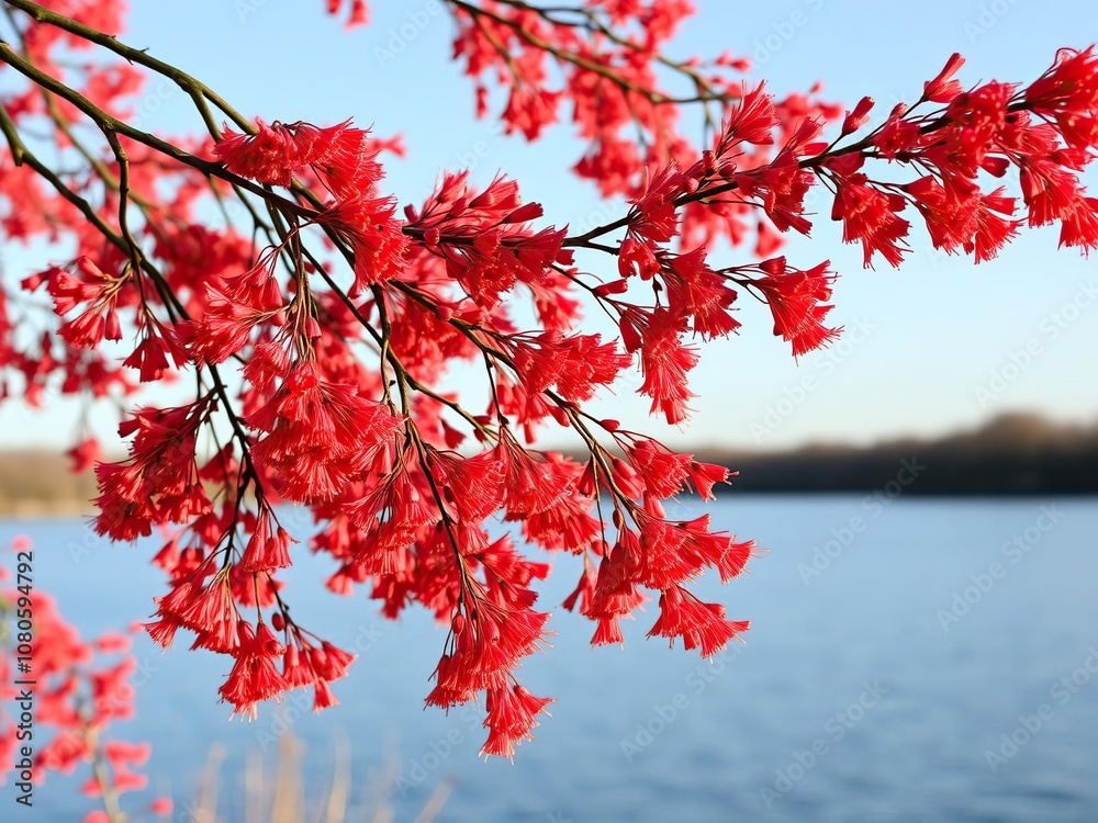 A cluster of red Madrona branches sway gently in the breeze above a serene lake or river in late afternoon sunlight, afternoon, lake, swaying branches A cluster of red Madrona branches sway gently in the breeze above a serene lake or river in late afternoon sunlight, afternoon, lake, swaying branches