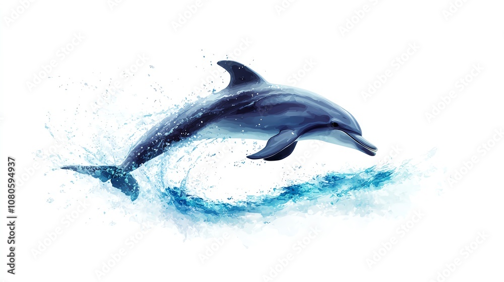 Fototapeta premium a 2D cartoon illustration of a dolphin jumping out of the water, joyful and playful, white background--ar 16:9