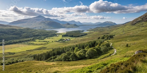 High angle shot of landscape in Poolewe Achnasheen Highlands Scotland, mountain peaks, wildflowers, rocky outcrops photo