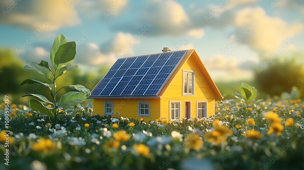 Contemporary house with rooftop solar panels exemplifies sustainable living, featuring yellow facade and modern architecture against blue sky, highlighting clean energy innovation. Contemporary house with rooftop solar panels exemplifies sustainable living, featuring yellow facade and modern architecture against blue sky, highlighting clean energy innovation.