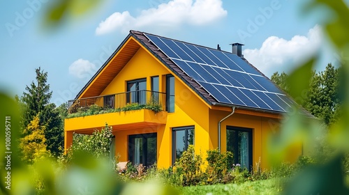 Contemporary house with rooftop solar panels exemplifies sustainable living, featuring yellow facade and modern architecture against blue sky, highlighting clean energy innovation.