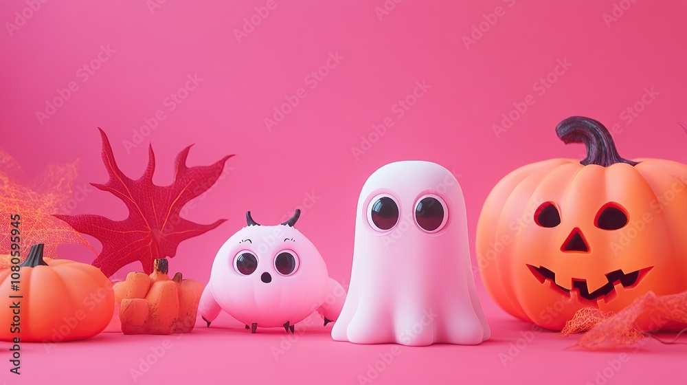 Cute Halloween-themed characters with pumpkins and autumn leaves on a pink background. Cute Halloween-themed characters with pumpkins and autumn leaves on a pink background.