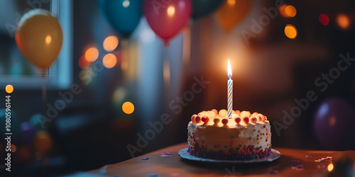 Single Birthday Candle Lit on Cake with Colorful Balloons in Background