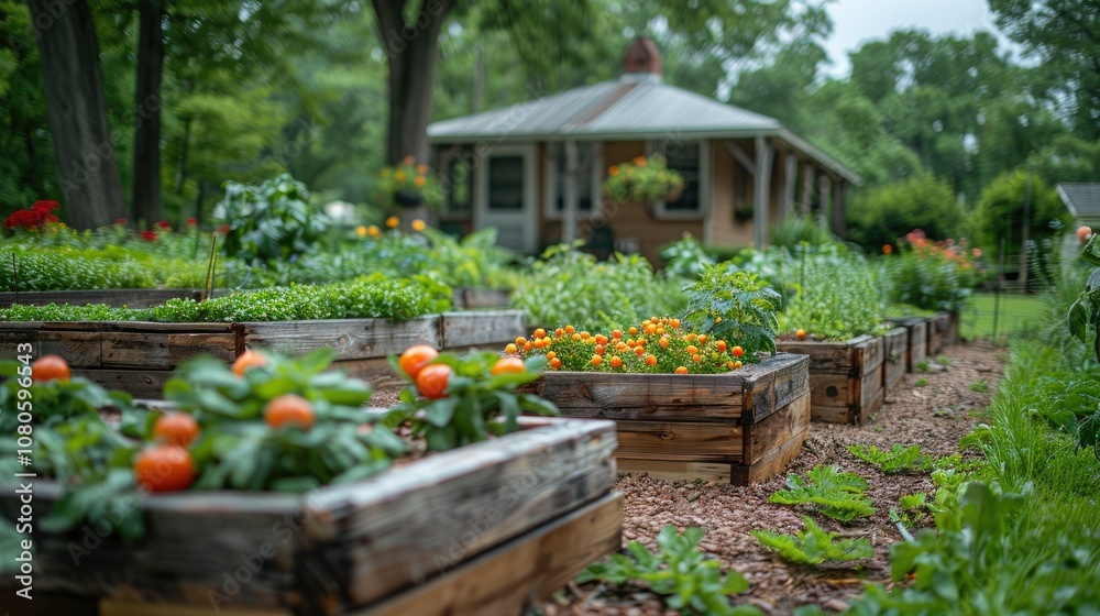 A Row of Wooden Planters Filled with Lush Green Plants and Bright Orange Berries A Row of Wooden Planters Filled with Lush Green Plants and Bright Orange Berries