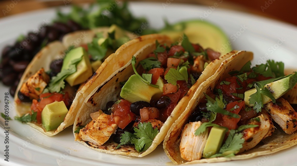 Three chicken tacos with black beans, avocado, tomato and cilantro. Three chicken tacos with black beans, avocado, tomato and cilantro.