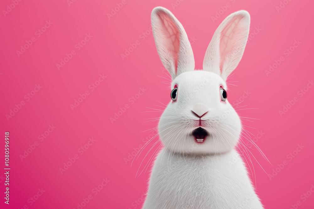 Fototapeta premium A cute, fluffy white rabbit with large ears and expressive eyes, set against a vibrant pink background, ideal for playful and whimsical designs.
