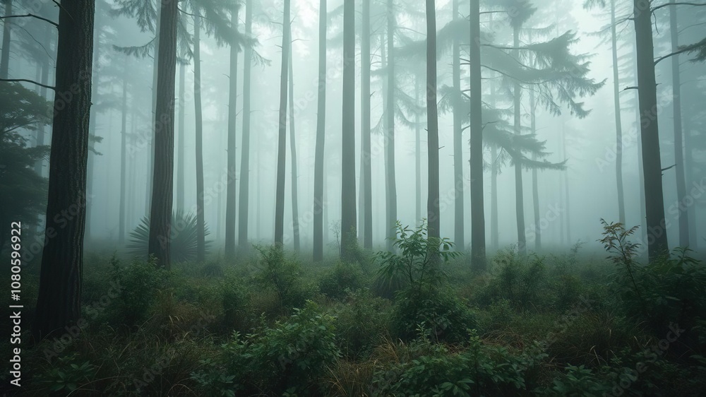 Fototapeta premium Soft focus on a misty forest with tall trees and overgrown underbrush, misty, natural world, outdoor setting