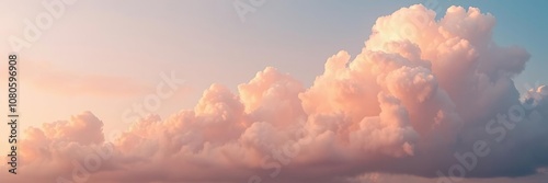 Soft pink clouds float gently across the sky, peaceful landscape, serene scenery, soft pastels