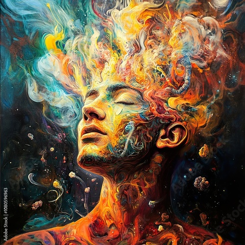 Abstract Portrait of Inner Peace: A Psychedelic Exploration of Human Consciousness