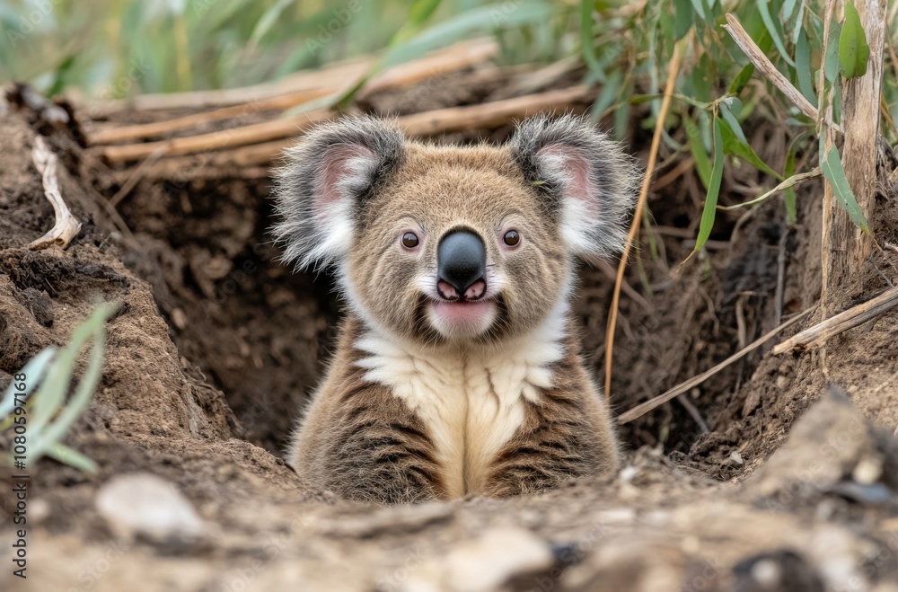 Fototapeta premium Curious koala peeks out from its burrow in the australian bush environment