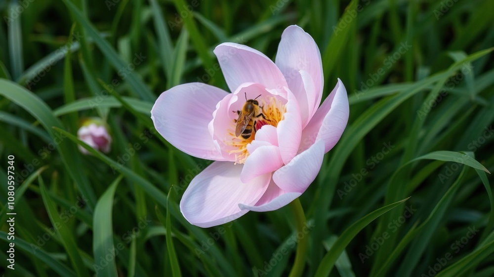 Fototapeta premium A delicate pink peony flower sits atop a bed of lush green grass, with a curious bee buzzing around its center, blooms, blossom