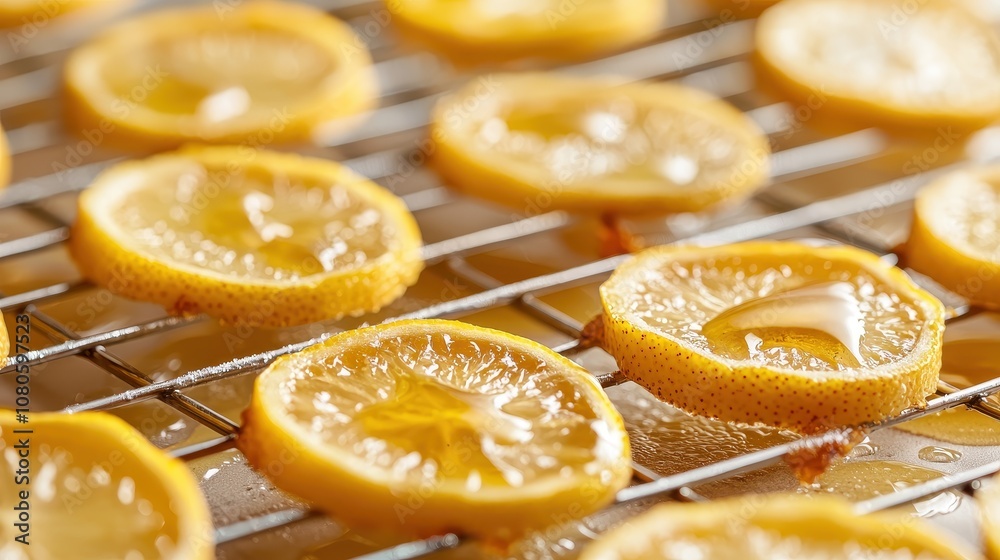 Candied lemon slices placed on a wire rack with drops of syrup glistening under soft light, evoking a homemade feel, [Candy lemon recipe], [cooling and drying process]