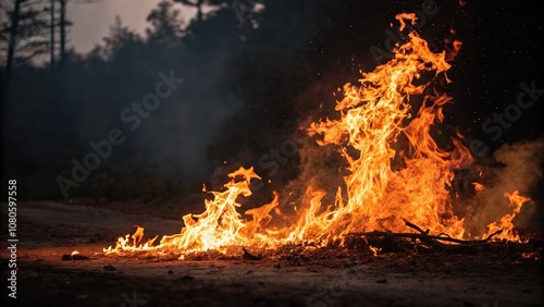 Burning flames against a dark and mysterious background, burning, dark background