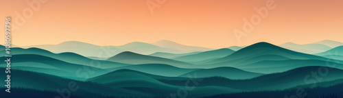 A serene landscape showcasing layers of rolling hills under a gradient sky, embodying tranquility and natural beauty at sunset.