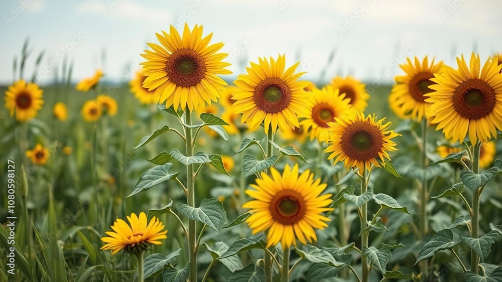 Sunflowers stand tall in a lush green meadow, peaceful atmosphere, soothing Sunflowers stand tall in a lush green meadow, peaceful atmosphere, soothing