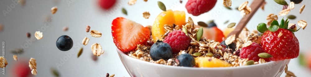 Fototapeta premium Exploded smoothie bowl with fruits, granola, and seeds scattered in mid-air, creating a vibrant, healthy explosion, [Food exploded], [health-focused food imagery]