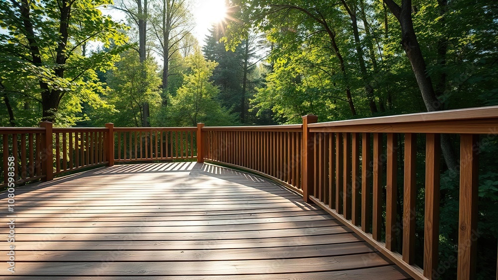 A beautifully weathered cedar deck blends seamlessly into the surrounding foliage of trees and greenery, with a bright sun shining through, elevated views, forest floor, outdoor spaces A beautifully weathered cedar deck blends seamlessly into the surrounding foliage of trees and greenery, with a bright sun shining through, elevated views, forest floor, outdoor spaces