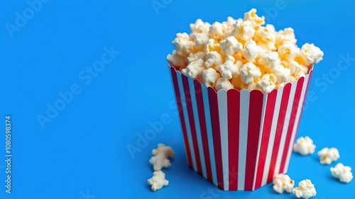 A bowl of freshly popped popcorn placed in a red and white striped box, partially filled with the crunchy snack on a bright blue background, blue background, food, eating