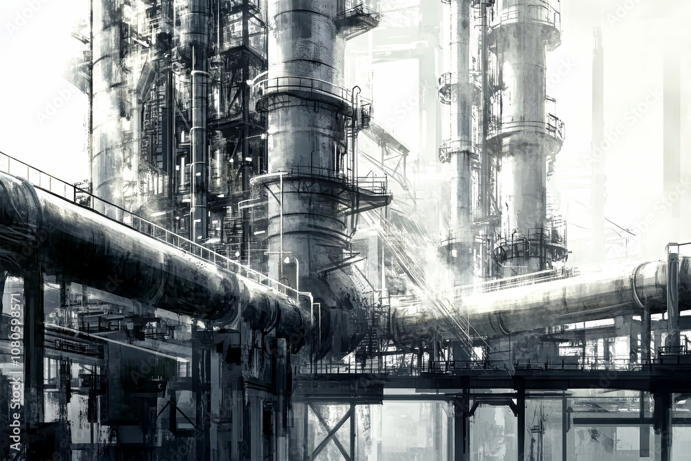 A detailed digital painting of a modern oil refinery with intricate pipes and equipment, showcasing industrial architecture and reflections A detailed digital painting of a modern oil refinery with intricate pipes and equipment, showcasing industrial architecture and reflections