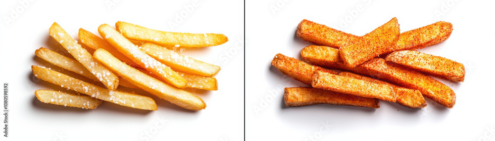 A vibrant display of crispy golden fries alongside spicy seasoned fries, showcasing contrast in color, texture, and flavor for food photography. A vibrant display of crispy golden fries alongside spicy seasoned fries, showcasing contrast in color, texture, and flavor for food photography.