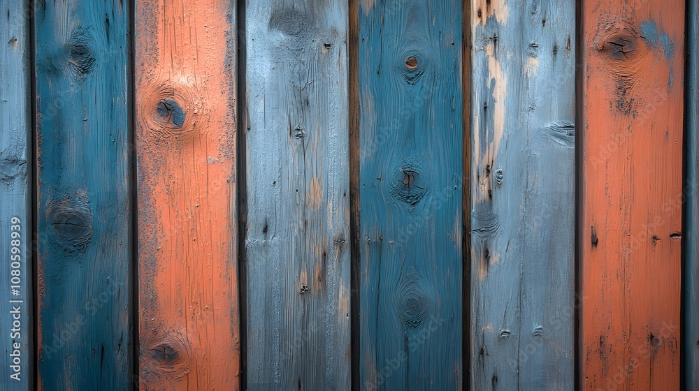 Weathered wooden planks create a rustic barn wall texture featuring multicolored vertical boards with blue, orange, and grey tones, showcasing natural grain patterns in shabby chic farmhouse style. Weathered wooden planks create a rustic barn wall texture featuring multicolored vertical boards with blue, orange, and grey tones, showcasing natural grain patterns in shabby chic farmhouse style.