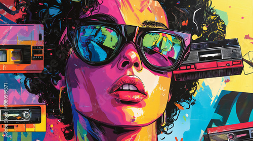 A pop art style collage of iconic 1980s pop culture elements, including cassette tapes, boomboxes, neon fashion, and famous music and movie stars, reflecting the vibrant era