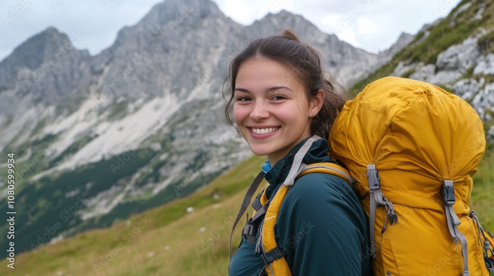 A young woman smiles while hiking in the mountains with a backpack A young woman smiles while hiking in the mountains with a backpack