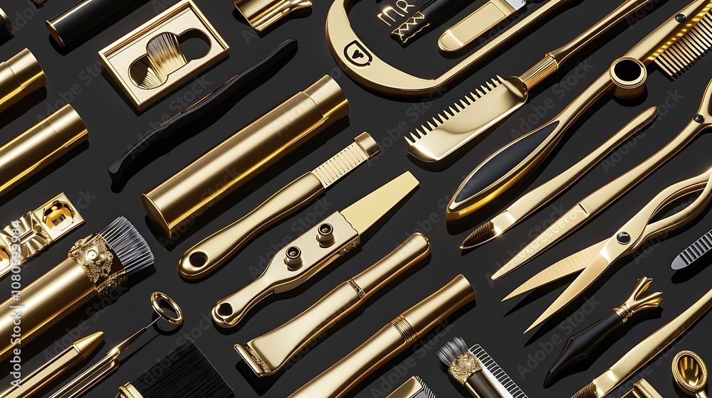 Fototapeta premium A collection of luxurious golden grooming tools arranged artistically on a dark background.