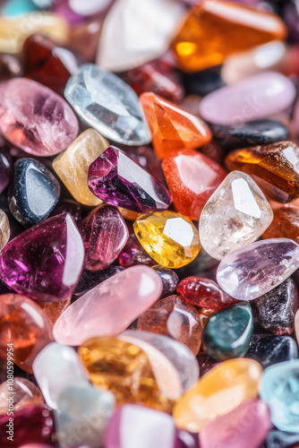 A vibrant assortment of various gemstones displaying a variety of colors and shapes, perfect for jewelry-making or decorative purposes. photo