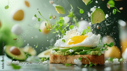 Exploded avocado toast, with slices of avocado, poached egg, and microgreens floating in mid-air, creating a fresh aesthetic, [Food exploded], [modern healthy cuisine]