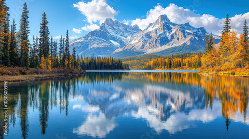Wallpaper Mural serene mountain lake reflects majestic peaks and vibrant autumn foliage, creating picturesque landscape. clear blue sky enhances tranquil atmosphere Torontodigital.ca