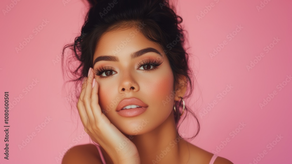Young woman posing with soft makeup against a pink backdrop Young woman posing with soft makeup against a pink backdrop