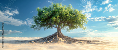 A resilient tree with deep roots thriving in desert sand under a vast blue sky, showcasing life's tenacity in harsh environments photo