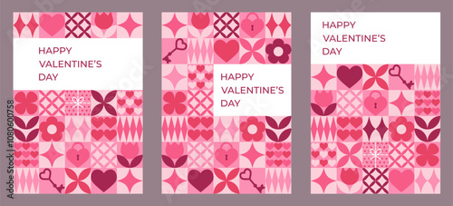Set of Valentine's day greeting cards with pink geometric elements. Template for Valentine holiday design
